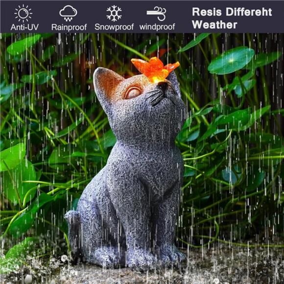 Solar Cat Garden Statue - Outdoor Cat Statue with Solar Butterfly - Picture 7 of 8